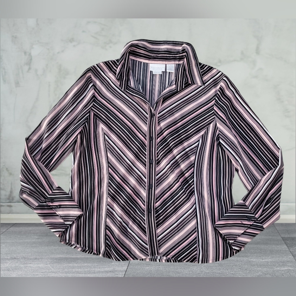 Worthington Stretch Easy Care Black Pink Striped Longsleeved Buttons Up Shirt XL